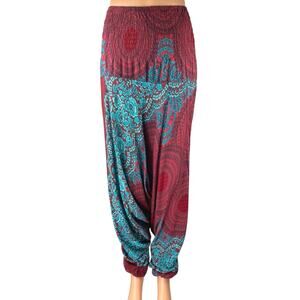 Women's Red Blue Floral Smocked Drapey Tapered Jogger Harem Pants One Size
